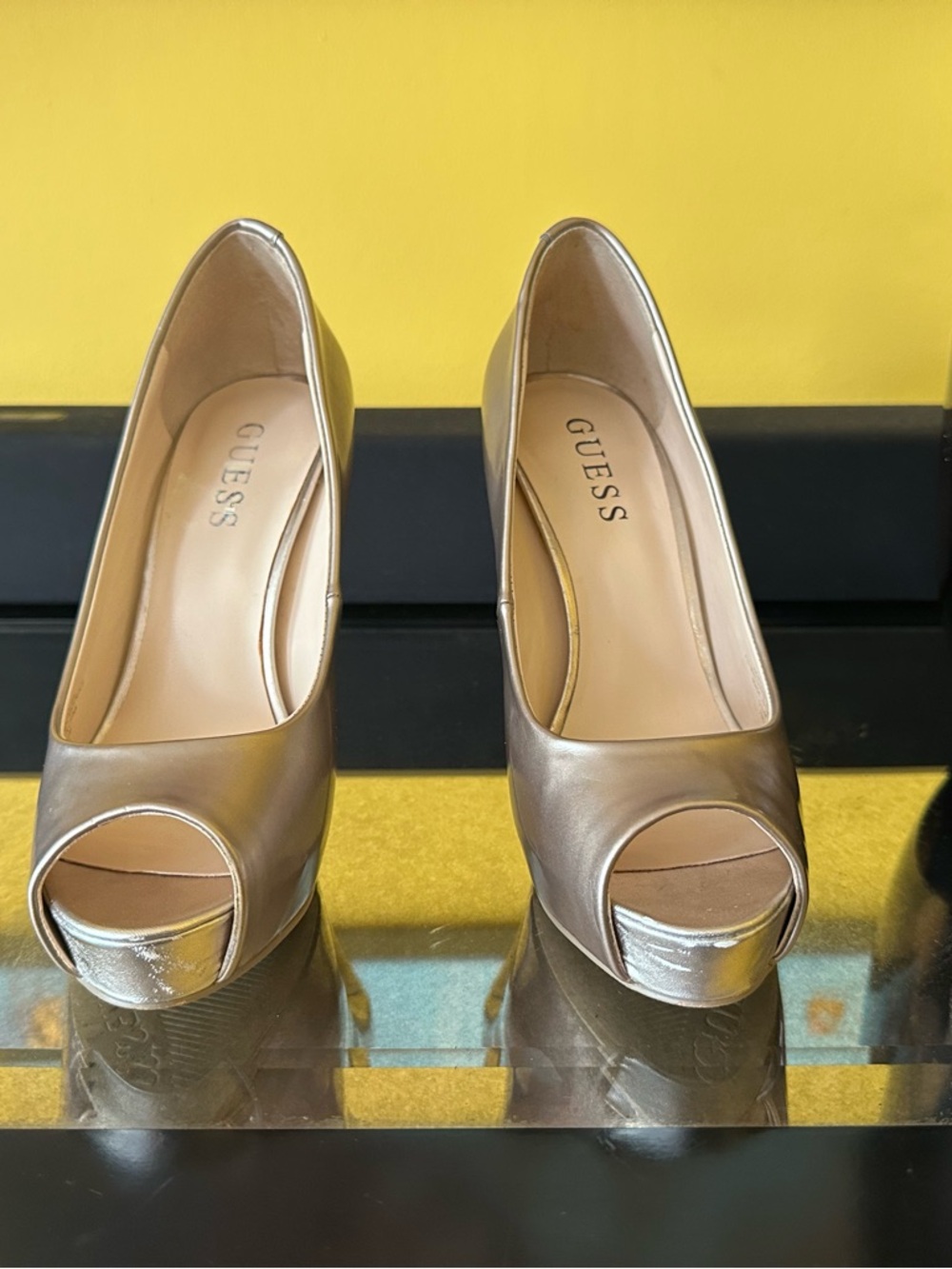 GUESS Metallic Gold Open-Toe Platform Pumps